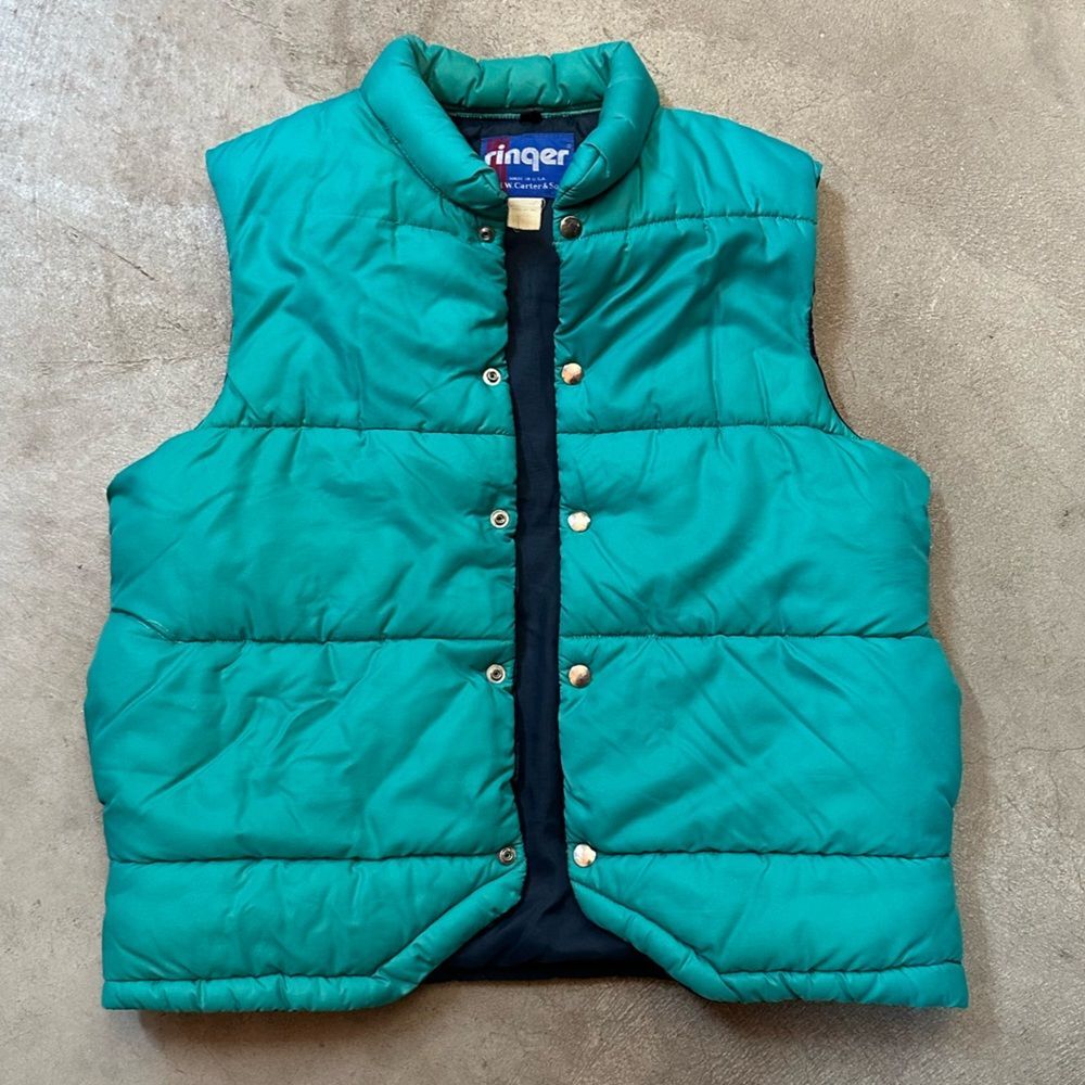 H.W. Carter & Sons Ringer Turquoise Green Puffer Vest Womens Size XL Made in USA